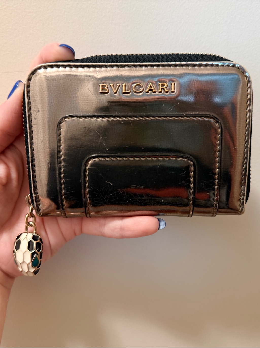 *Beautiful* Authentic Bvlgari - Metallic Chrome Serpenti Zippy Compact Wallet